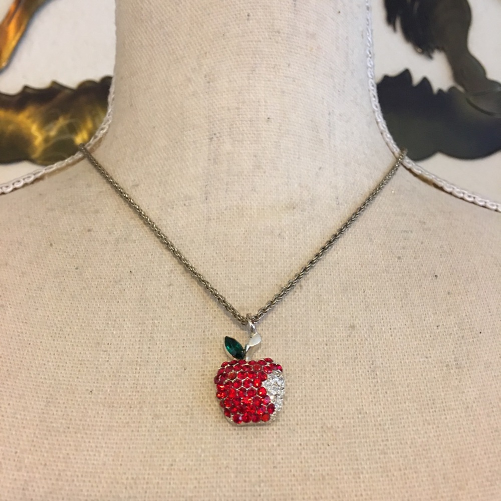 Vintage 1928 red white rhinestone apple necklace